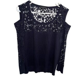 Saks Fifth Avenue Women's Size Medium Cold Shoulder Scoop Neck Sweater Navy Blue